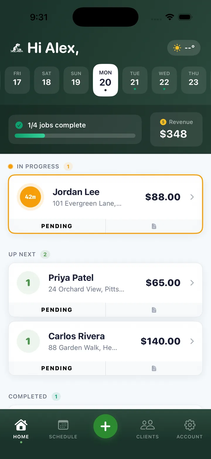 LawnBeast contractor home screen showing today's jobs and revenue
